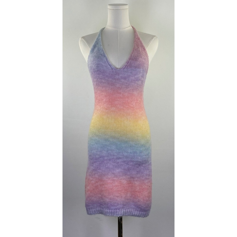 Princess Polly Rainbow Knit Halter Dress XS Pastel Ombre Bodycon Y2K Festival